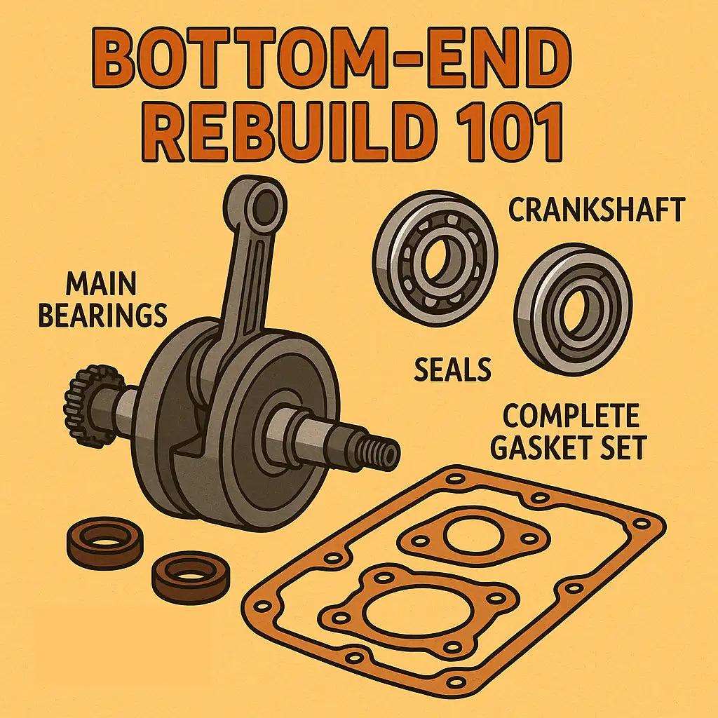 Bottom-End Rebuild 101; cartoon images of powersports crankshaft, connecting rod, gasket kit, bearings, and seals.