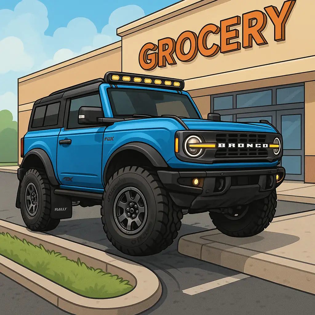 Cartoon-style blue Ford Bronco with lift, off-road tires, roof light bar, and mud flaps climbing up a parking lot curb in front of a grocery store.