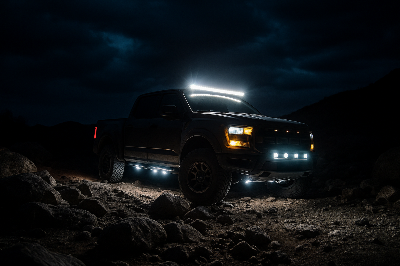 Nighttime photo of a lifted off-road pickup truck on a rocky trail, its LED light bar and rock lights brightly illuminating the ground against a dark, cloudy sky.