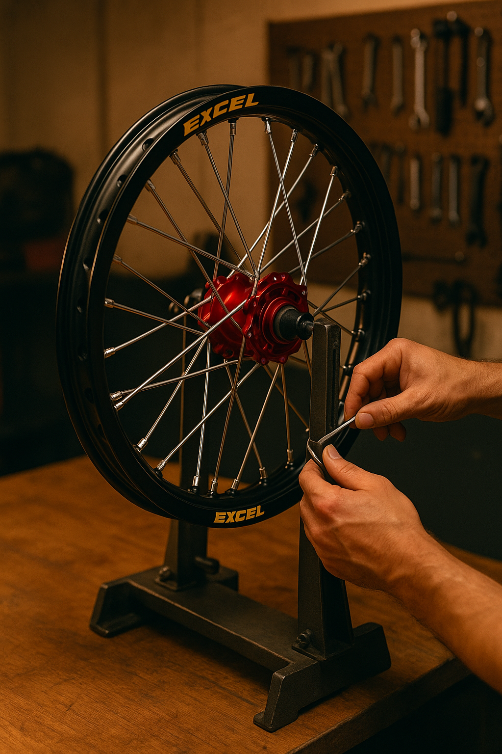 Close-up of a mechanic truing a black Excel motorcycle wheel on a stand, carefully adjusting the spokes with a wrench in a warm, well-lit workshop.