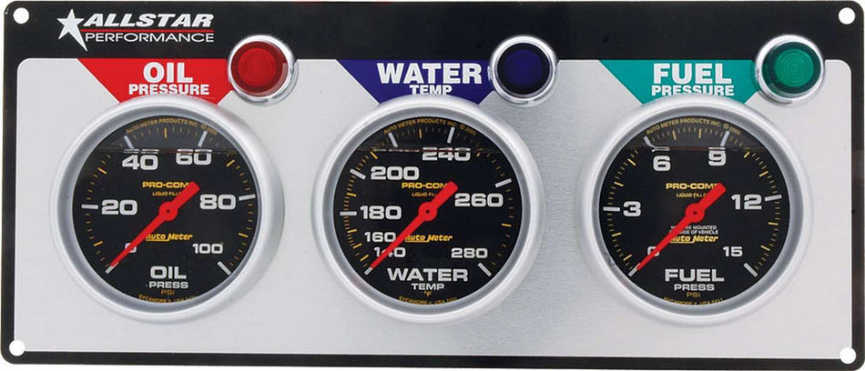 Allstar Performance ALL80123 3 Gauge Panel A/M OP/WT/FP Liquid Filled